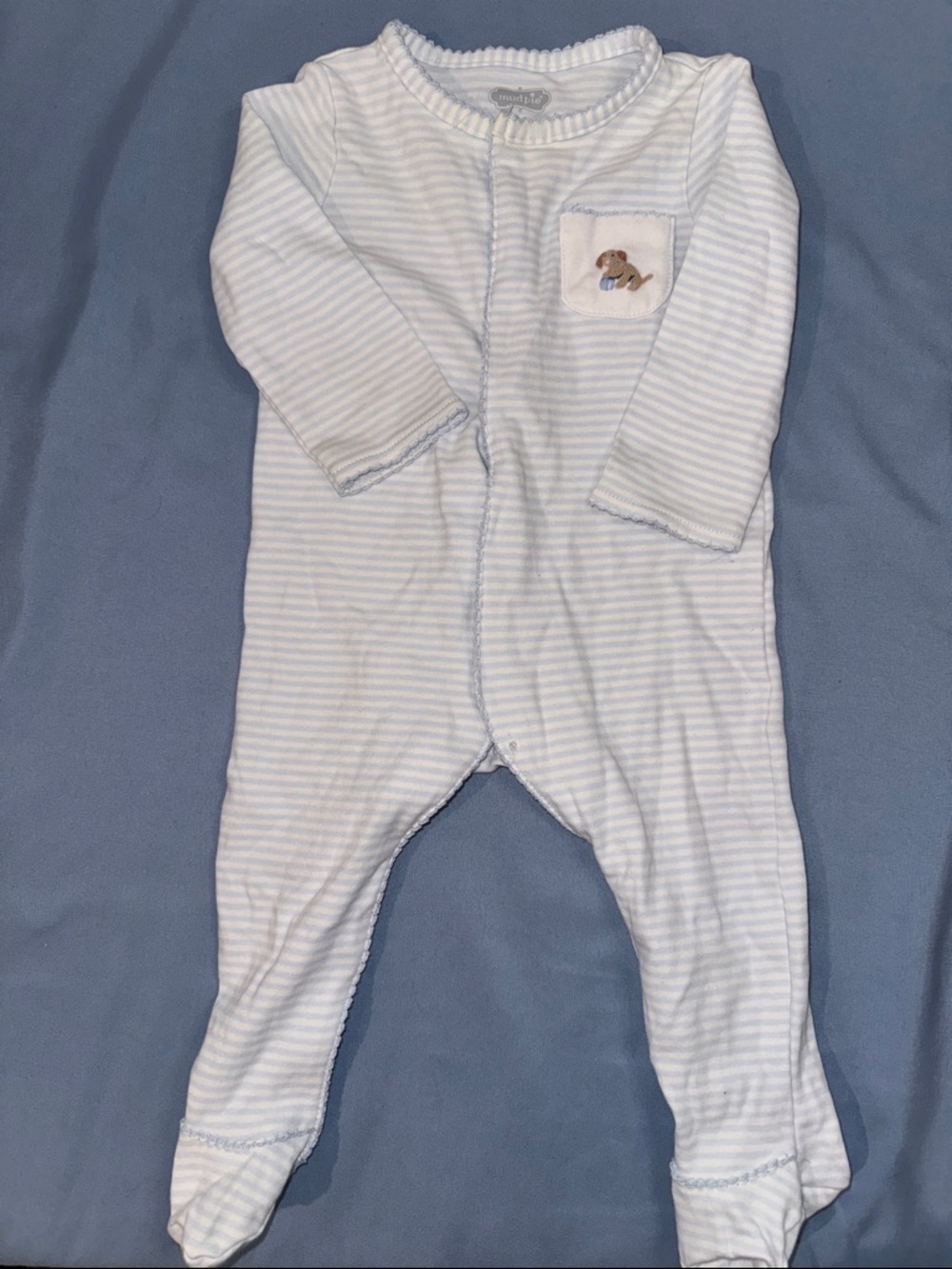 Mud Pie Light Blue & White Striped Footed One-Piece with Puppy Patch